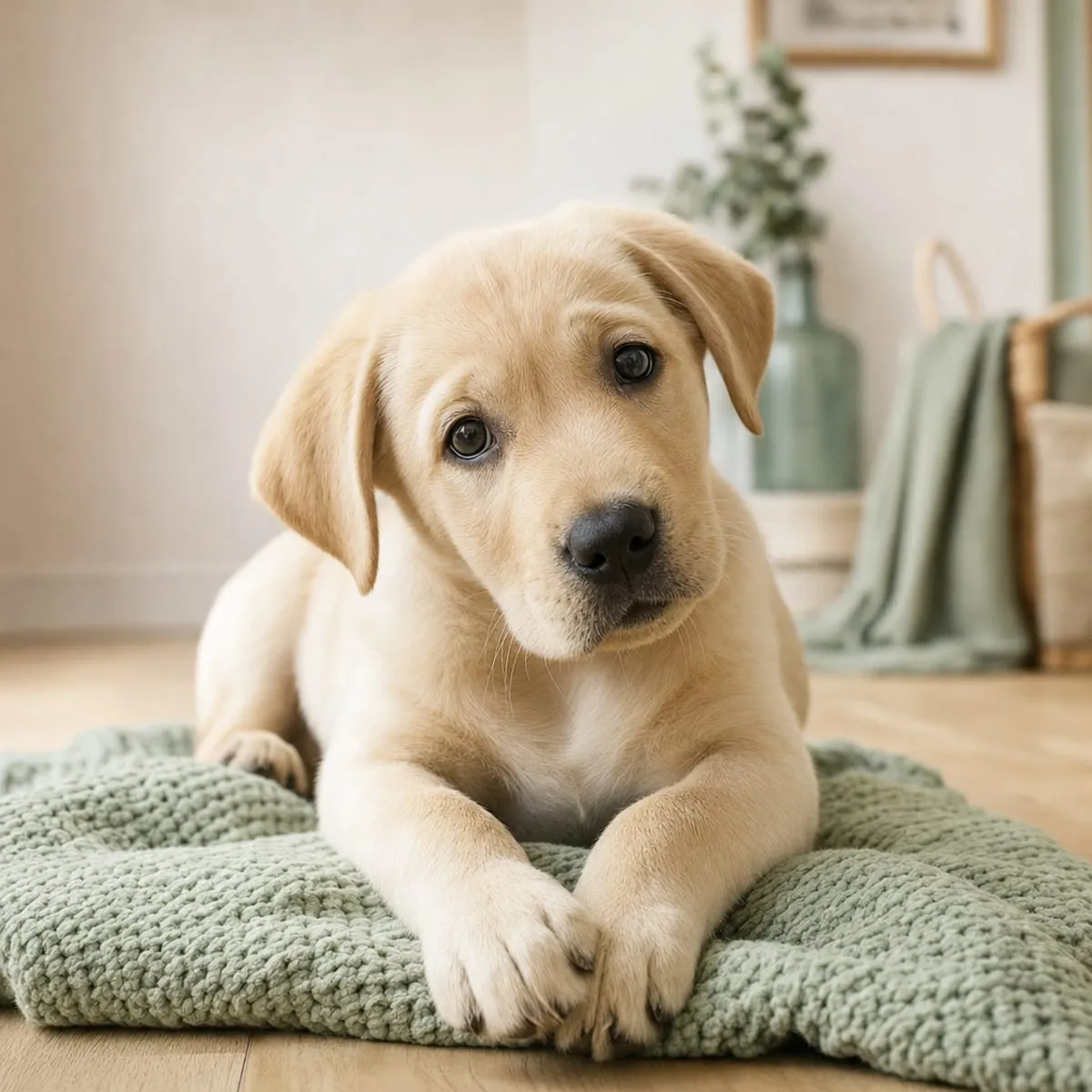 Cachorro de labrador sobre una manta verde