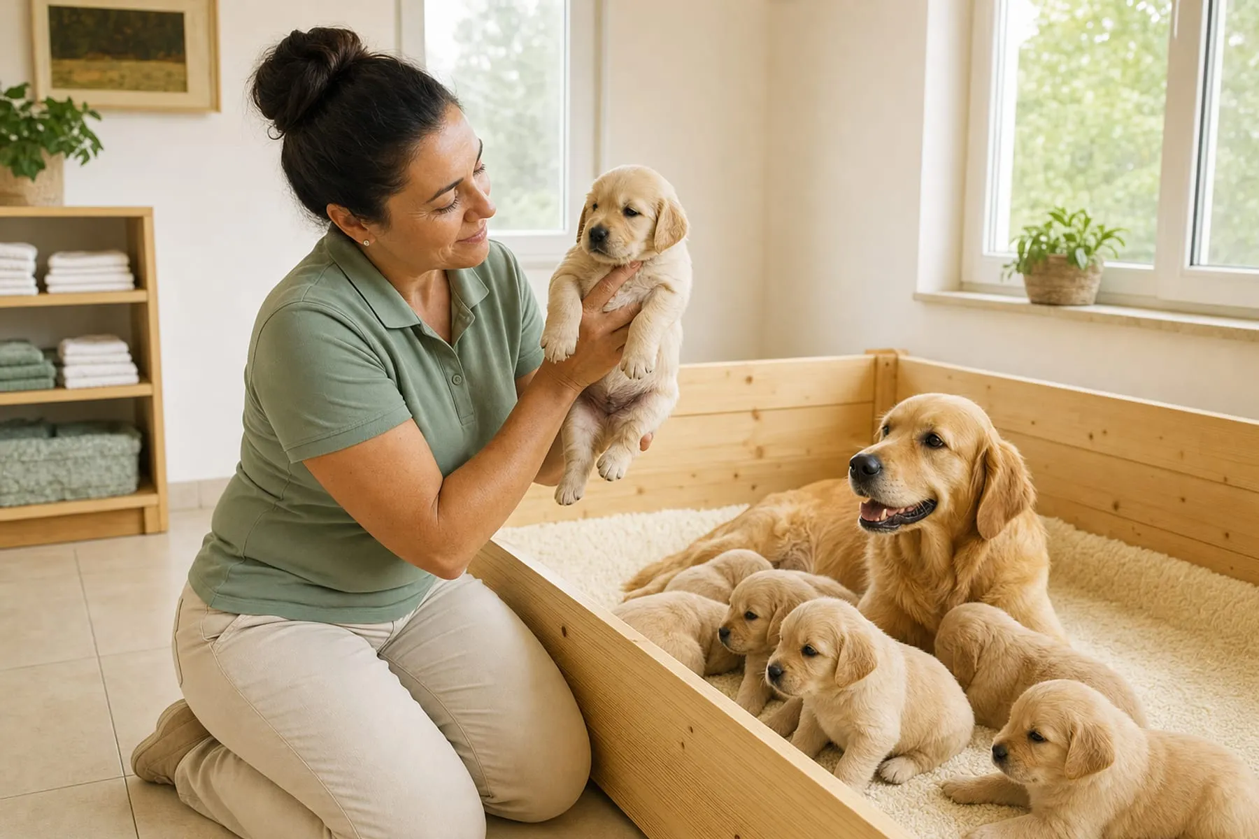 Criadora profesional con una camada de cachorros sanos