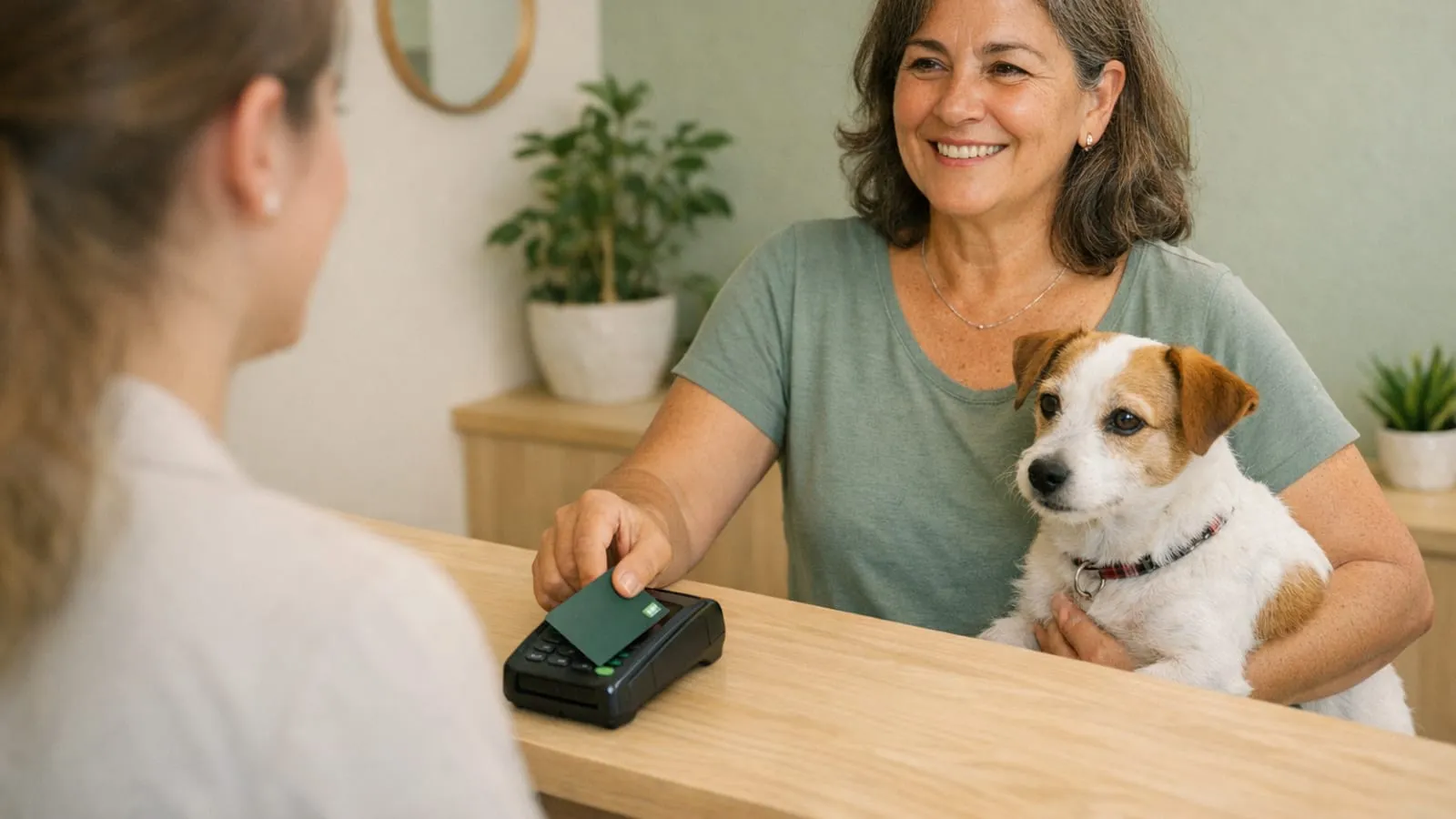Veterinaria auscultando a un perro mediano sobre la mesa de la consulta