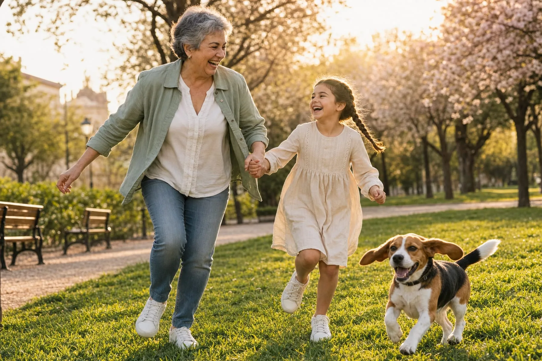Abuela y nieta corren por el parque con su beagle