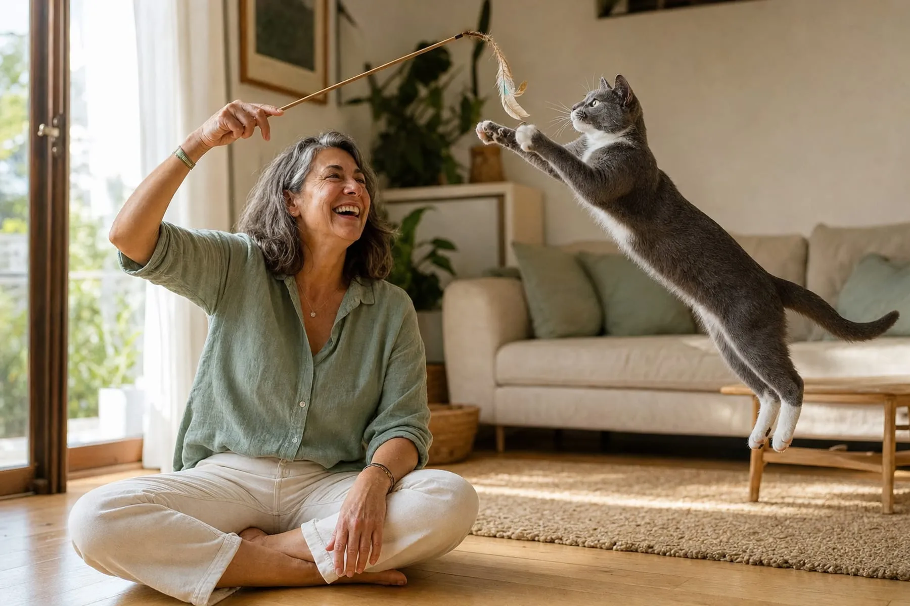 Mujer jugando con su gato en el salón