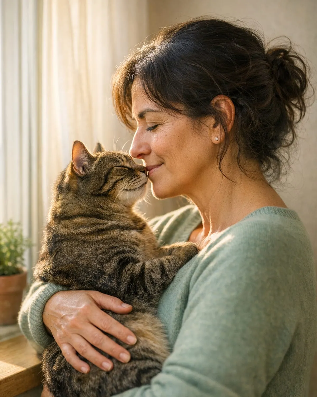 Mujer junto a la ventana con su gato atigrado en brazos