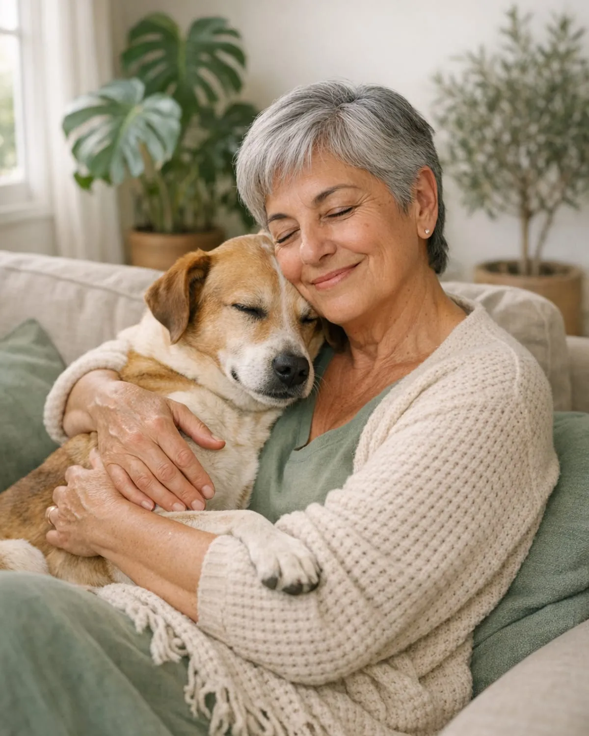 Mujer sonriendo en el sofá abrazada a su perro