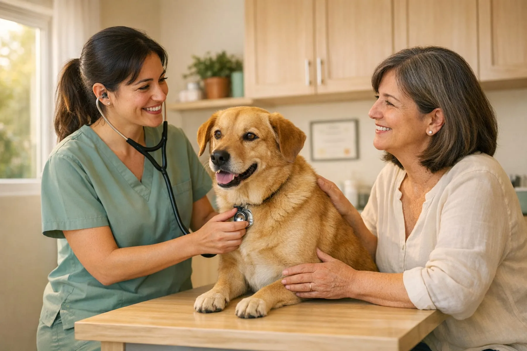 Veterinaria revisando a un perro con su dueña